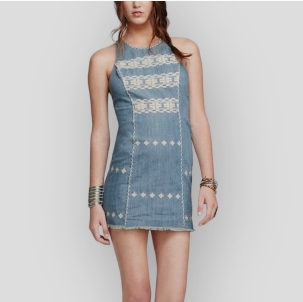 Free People Chambray Western Print Denim Mini Dress Size S